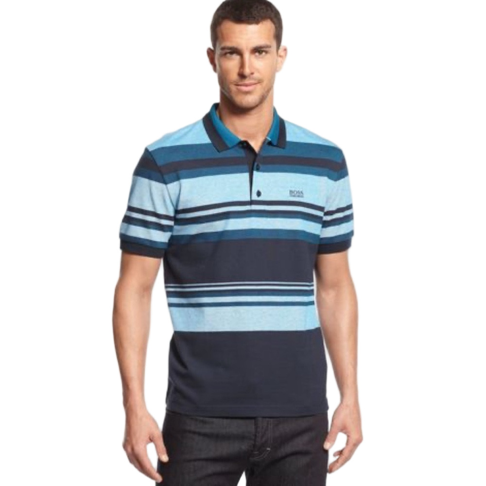 Hugo Boss Blue Polo Shirt with Striped Design size L GUC